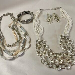 Silver and White Layered Necklace with Crystal Beads